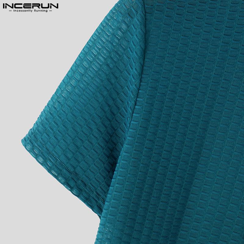 INCERUN Summer Men Stand Neck Short Sleeve Semi-Sheer Texture Skinny Casual T-shirts Tops