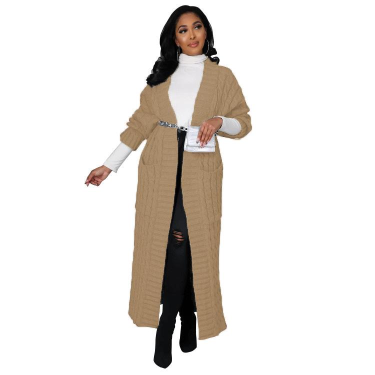 Nový volný pletený kardigan na podzim a zimu s ležérním stylem, velkou velikostí kapes a dlouhým krouceným svetrovým kabátem pro ženy