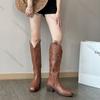 Comemore Women Western Boots Women Autumn Chunky Middle Heels Knee High Cowboy Boot Woman Side Zip Square Toe Brown Long Botas