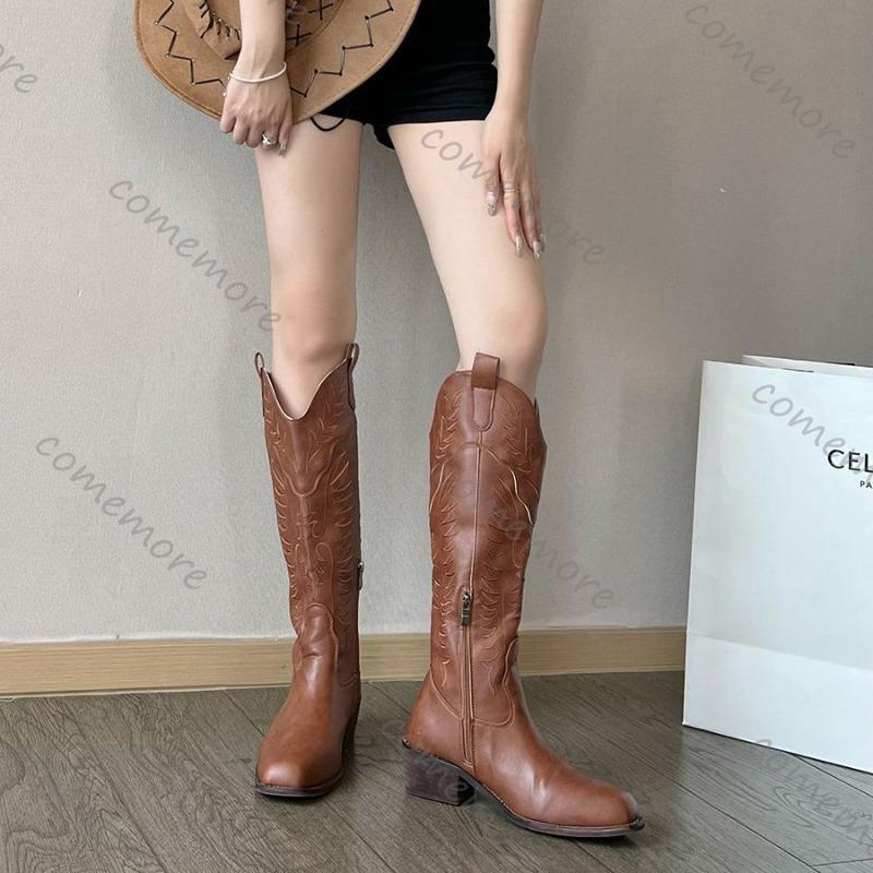 Comemore Women Western Boots Women Autumn Chunky Middle Heels Knee High Cowboy Boot Woman Side Zip Square Toe Brown Long Botas