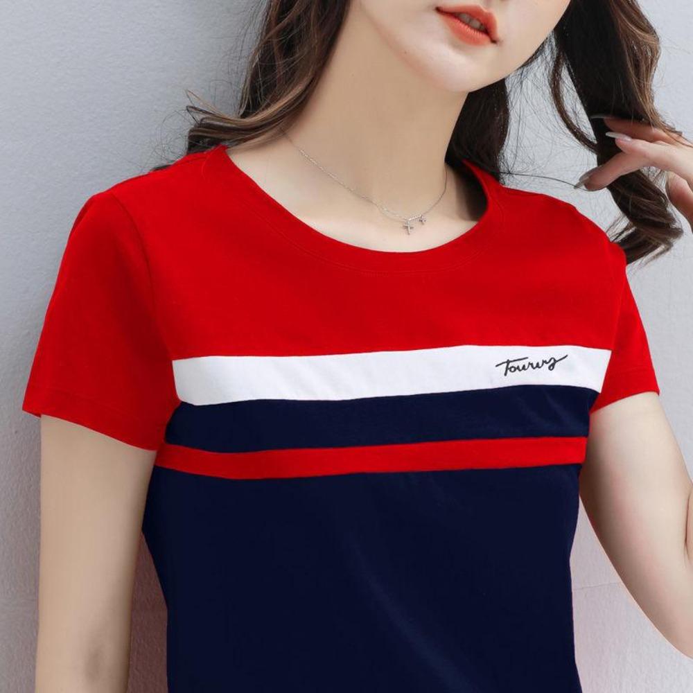 Summer Female   Cotton Embroidered Short-Sleeved T-shirt Women's Fashion Stitching Top Half-Sleeved T-shirt