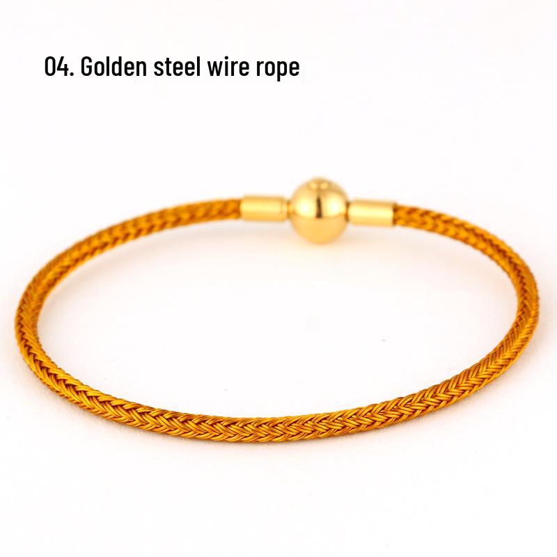 

3mm Steel Wire Rope Bracelet with Gold Bead and Stainless Steel Snap Button Round Buckle