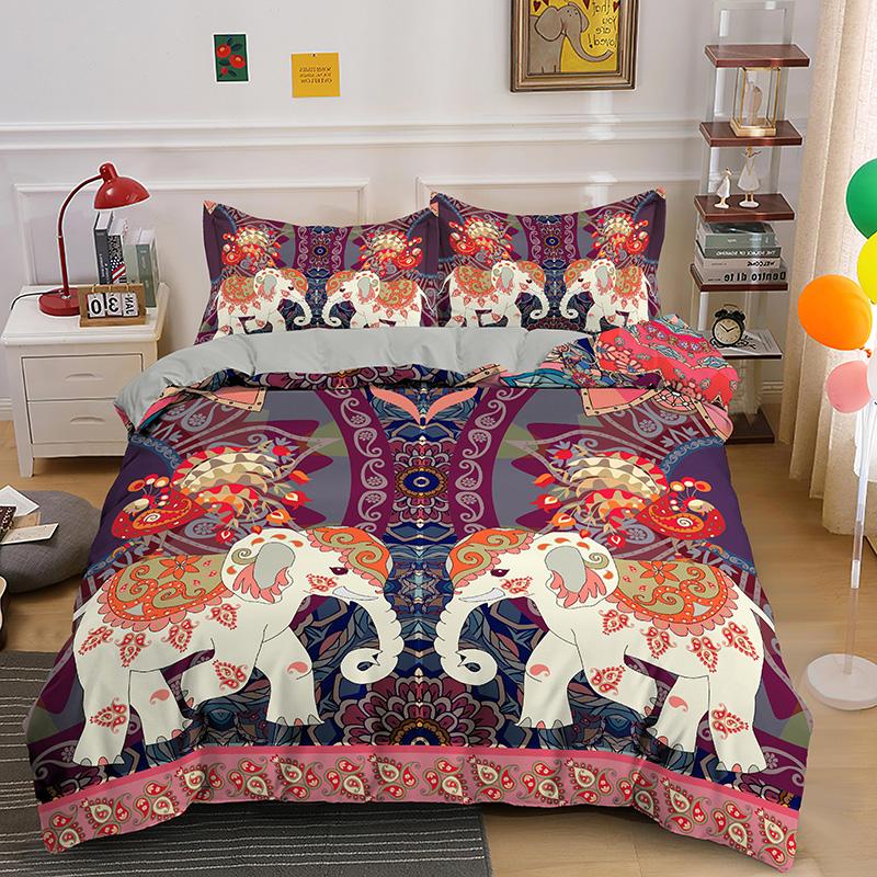 Bohemsk Elefant Sengetøy Sett Queen King Size Fargerikt 2/3 stk Dynetrekk Boho Psykedelisk Indisk Mandala Polyester Dyne Trekk