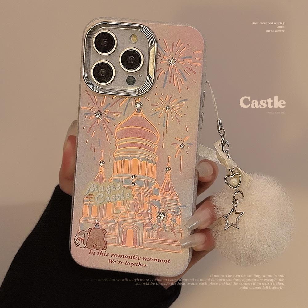 Girl Cartoon Firework Castle Suitable for IPhone15 Mobile Phone Case 13 Laser Apple 14 Promax Hair Ball Rope 16