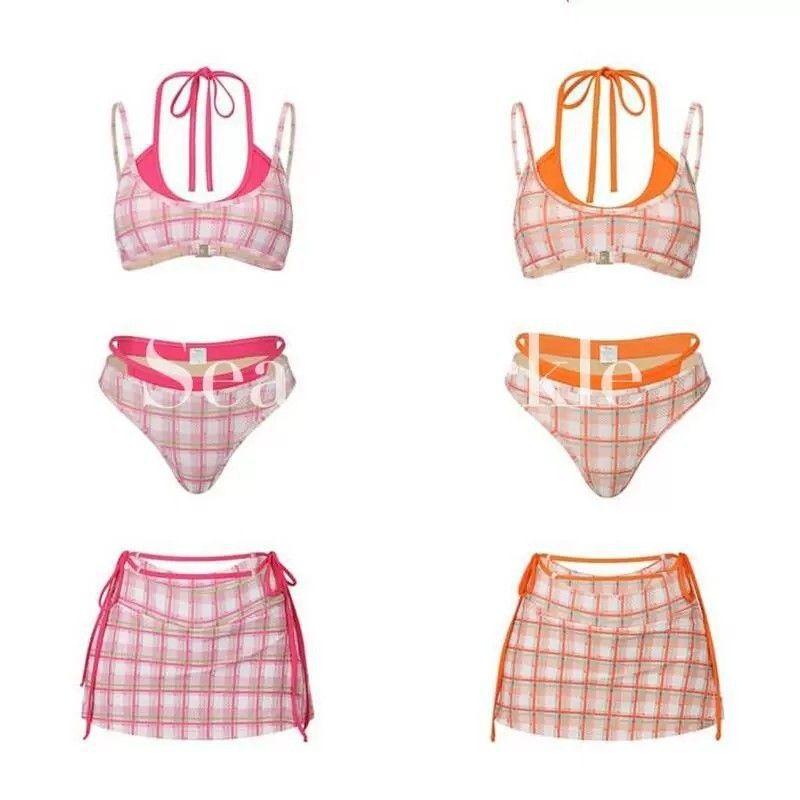 [Sea Sparkling] Tyrande Ins Vintage Niche Checkered Split Swimsuit Three-piece Resort Hot Spring