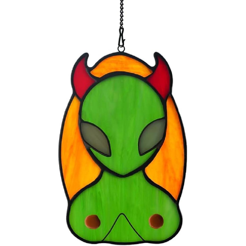 BOXCASA Alien UFO Decor - Stained Glass Window Hanging Suncatcher Showcasing a Cat Abduction Scene, Perfect Alien Lover Gift, Suitable for Alien G