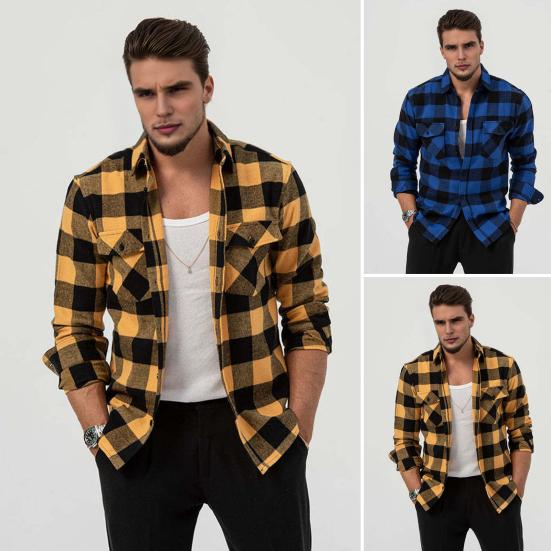 Men Casual Shirt Lapel Long Sleeve Plaid Print Shirt Tops Single Breasted Loose Fit Flap Pockets Shirt Tops