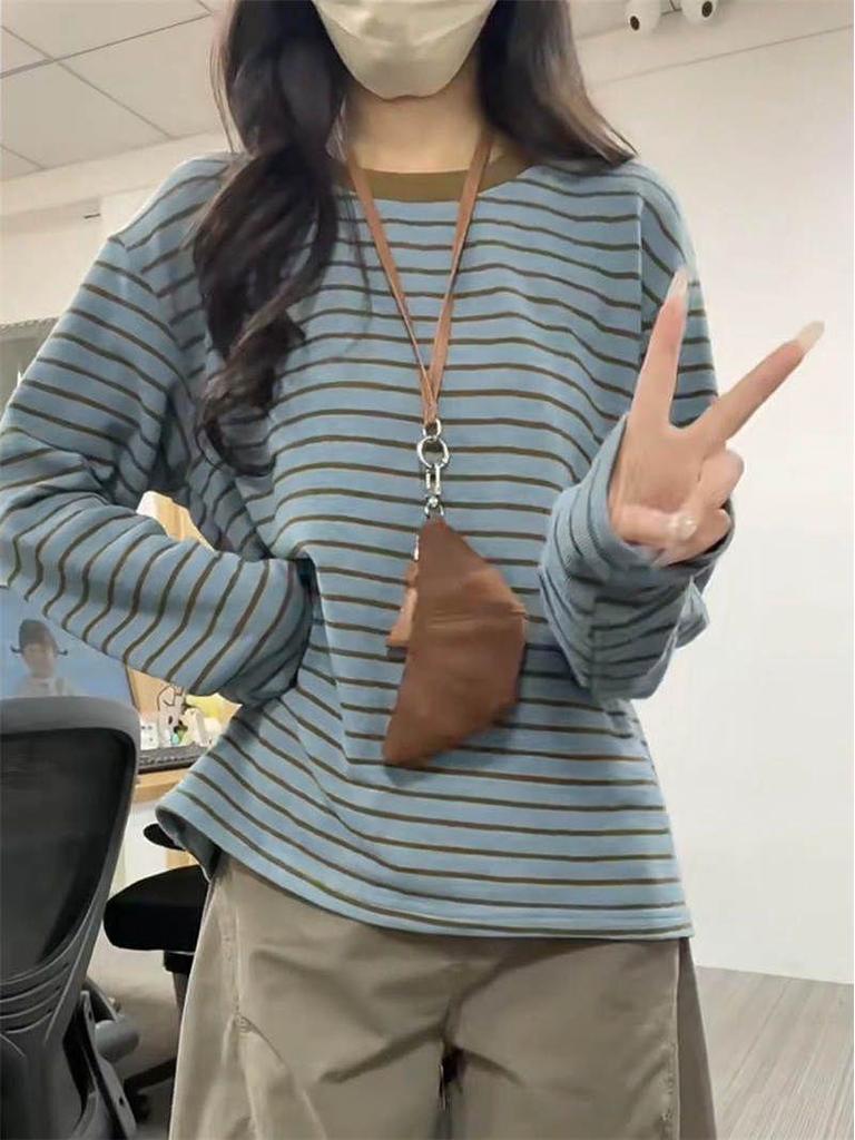 Women's Autumn Loose Fit Striped Knit Long Sleeve T-Shirt | Versatile Layering Top