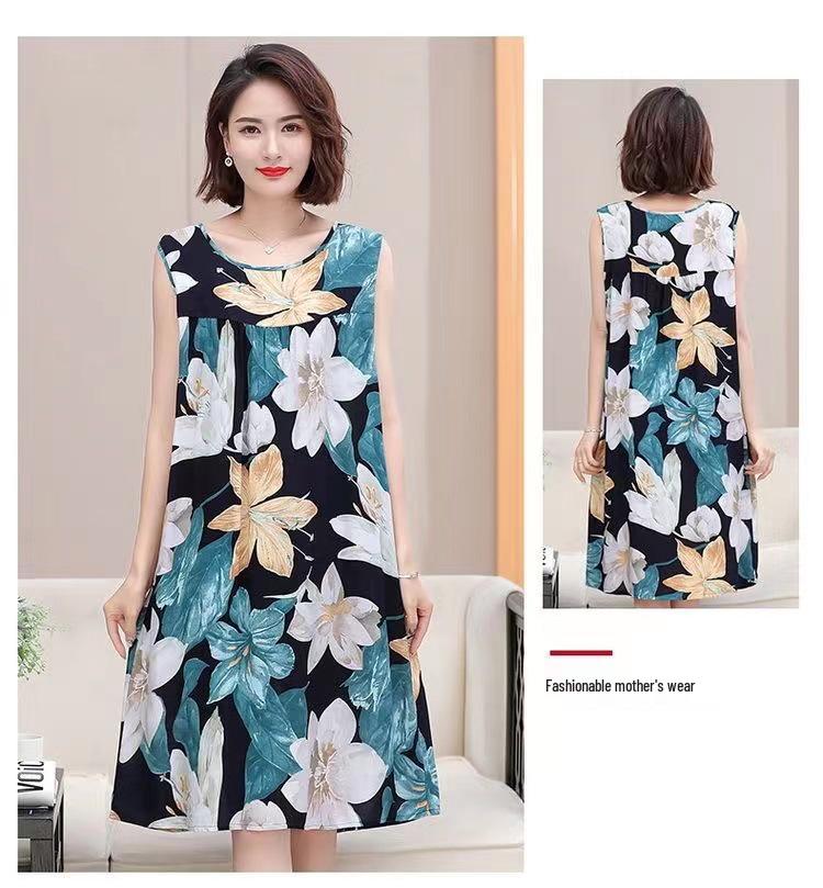 Plus Size Sleeveless Cotton Rayon Dress for Middle-Aged Women