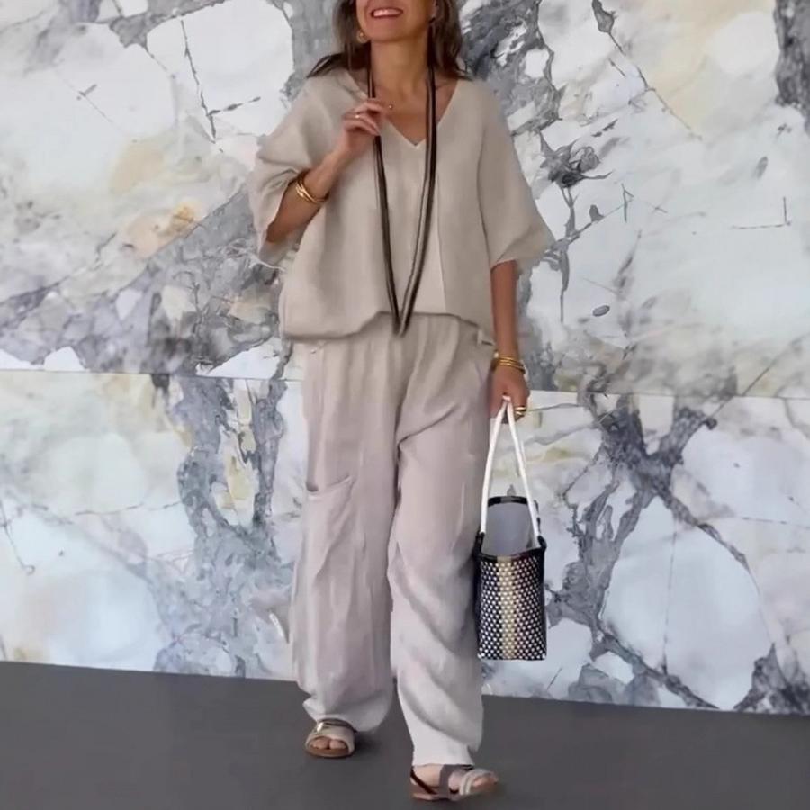 New Women's Casual V-Neck Loose Pocket Sleeveless Cotton Linen Set