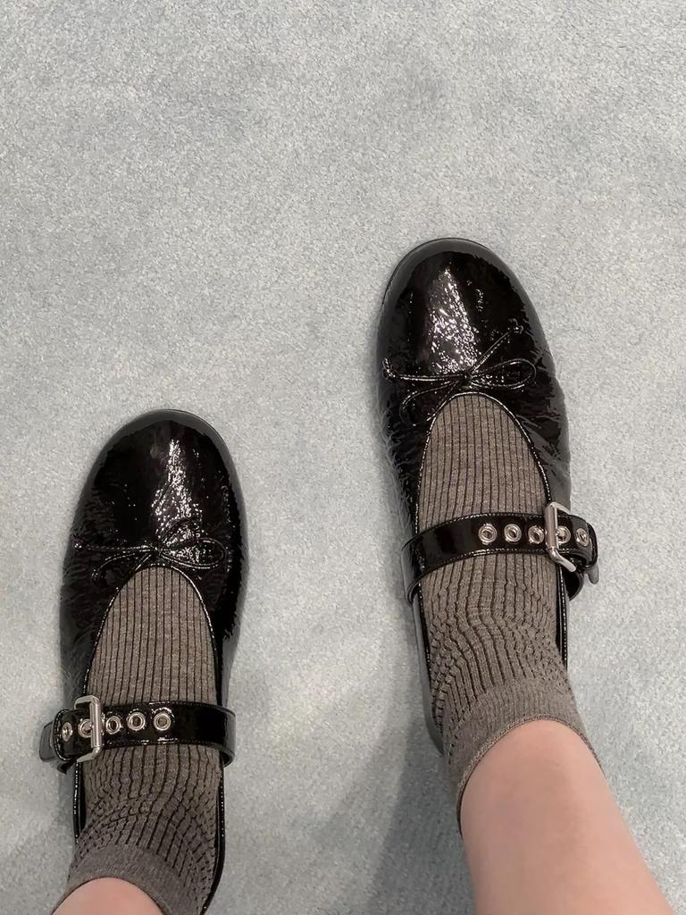 Genuine Leather Korean Version of Niche Round Head Shallow Mouth Bow with Mary Jane Single Shoes Women's Spring and Autumn Flat Ballet Shoes