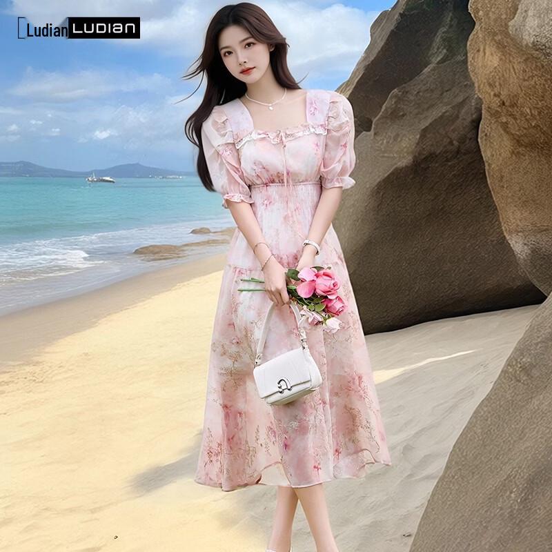 Women s Square Neck Floral Print A-Line Maxi Dress 2XL