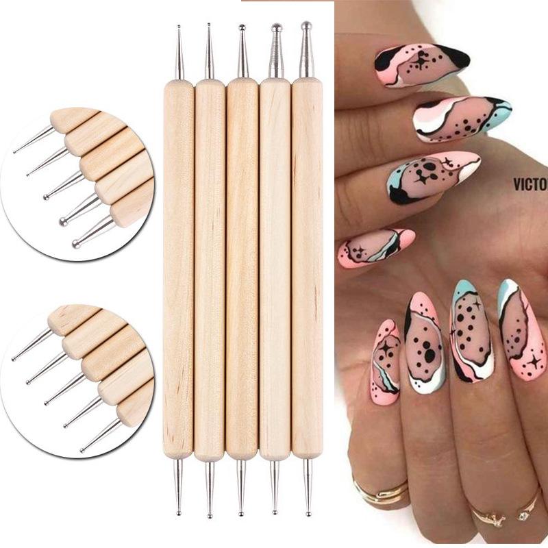 5Pcs/setof Wooden Pole Flower Needles, Manicure Pens, Double-ended Point Drill Pens, Crimping Pens, and Ball Pens Are In