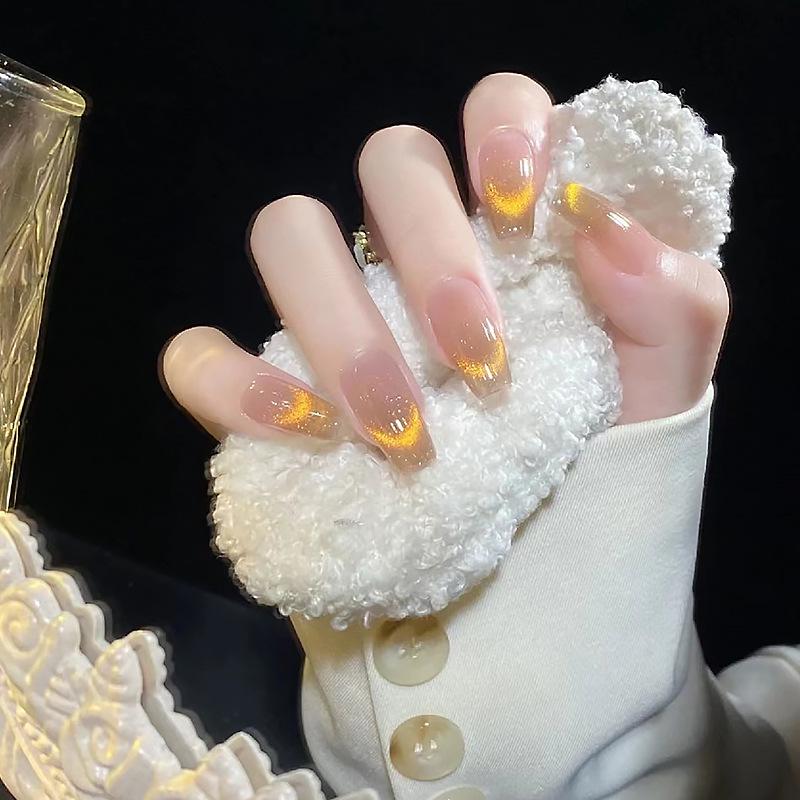

Aurora Gold Cat Eye French Style Nail Stickers - Handmade, Light-Cured, Wearable False Nails. Glue Style