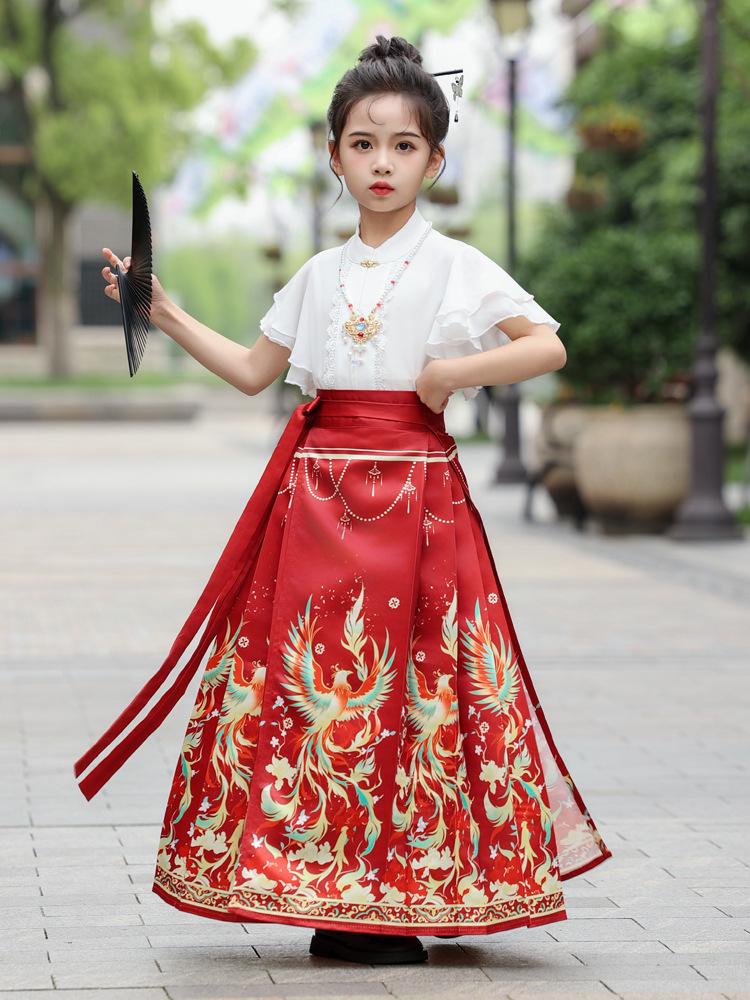 Mädchen Chinesischer Stil Pferd Gesicht Rock Set: Sommer Hanfu Kleidung, Ming-Stil Tang-Anzug