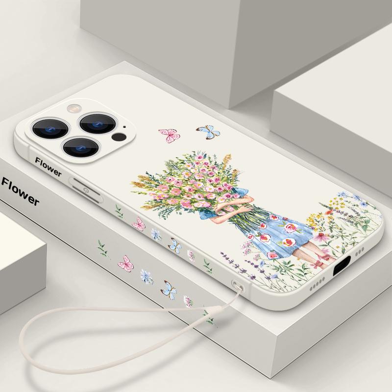 Luxury Girl Flower Lanyard Case For iPhone 15 16 17 Pro Max Soft Silicone Cover Coque For iPhone 11 12 13 14 Pro Max 16E 17 Air