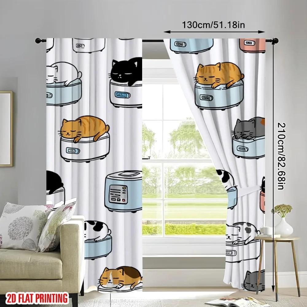 Set Of 2 Jit Cute Cat Print Curtains Polyester Living Room Window Decor Home Curtain Light Blocking With Rod Pocket Ideal For
