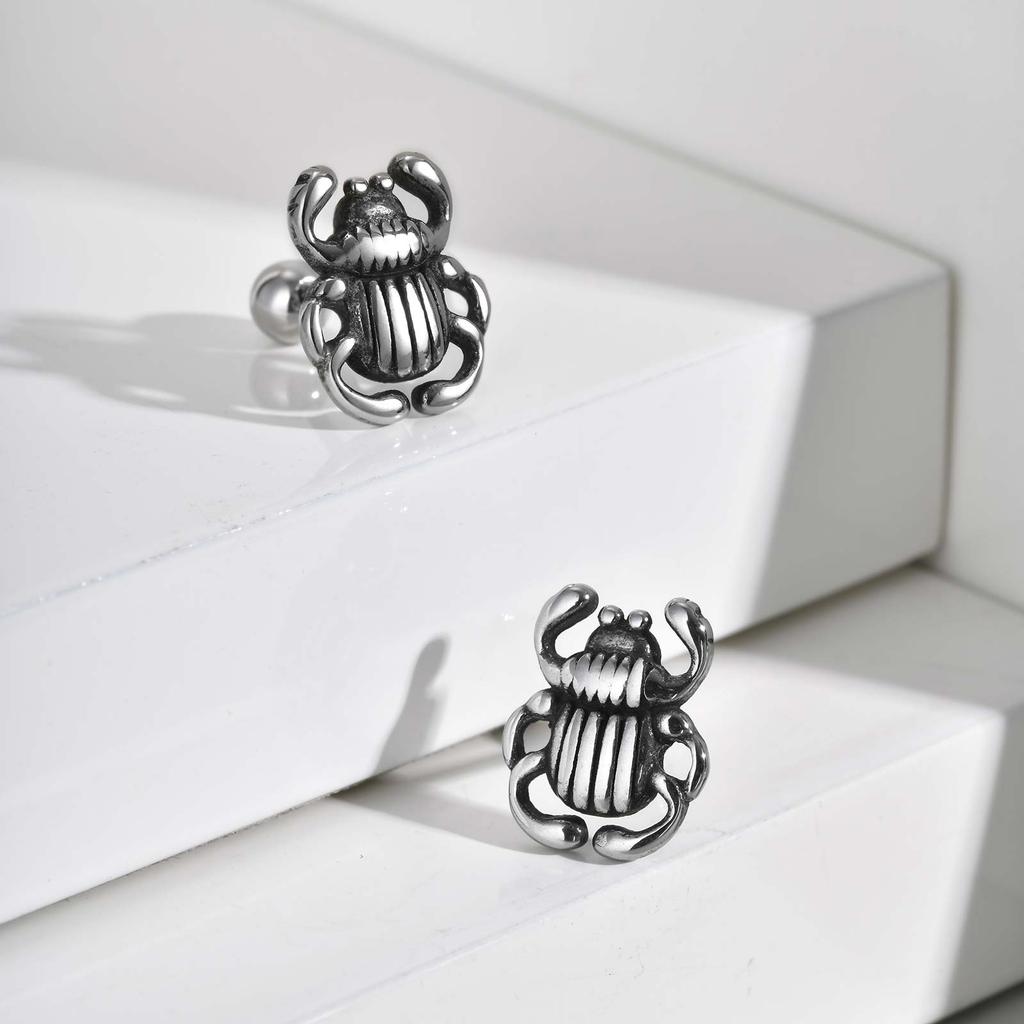 Creative Punk Stainless Steel Insect Beetle Stud Earrings for Men, Chic Silver Color Small Earrings, Trendy Party Jewelry Gift