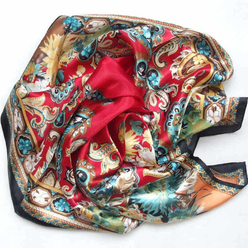 New Style Female Satin Red Big Square Silk Scarf Printed, Women Coffee Silk Scarf Hijab Wraps For Summer,Autumn 90*90cm