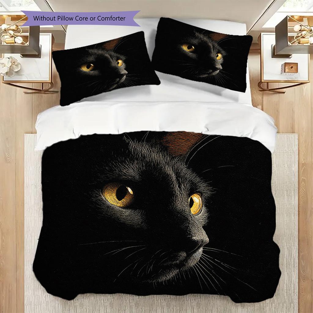 Black Cat Pattern Bedding Quilt Set Quilt Cover Pillowcase Home Decoration Birthday Gift (1 * Duvet Cover + 2 * Pillowcase, Without Core)