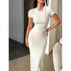 New Solid Color Round Neck Long Maxi Dress Streetwear Fashion Trendy Women's Dress European American Style
