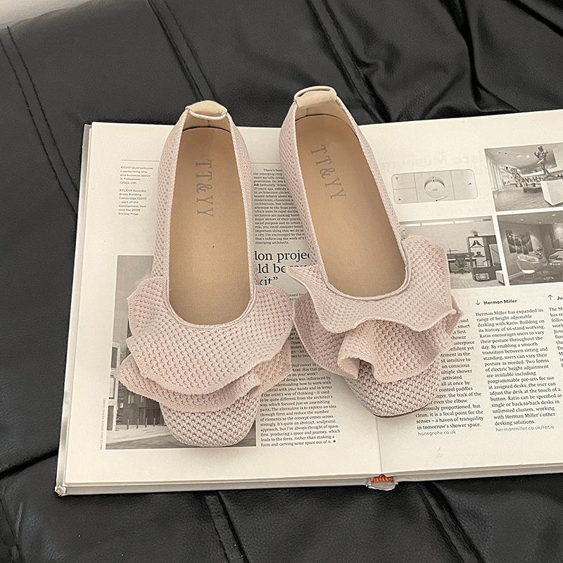 Soft sole comfortable knitted ruffle edge women's shoes summer new elegant flat sole single shoes grandma shoes