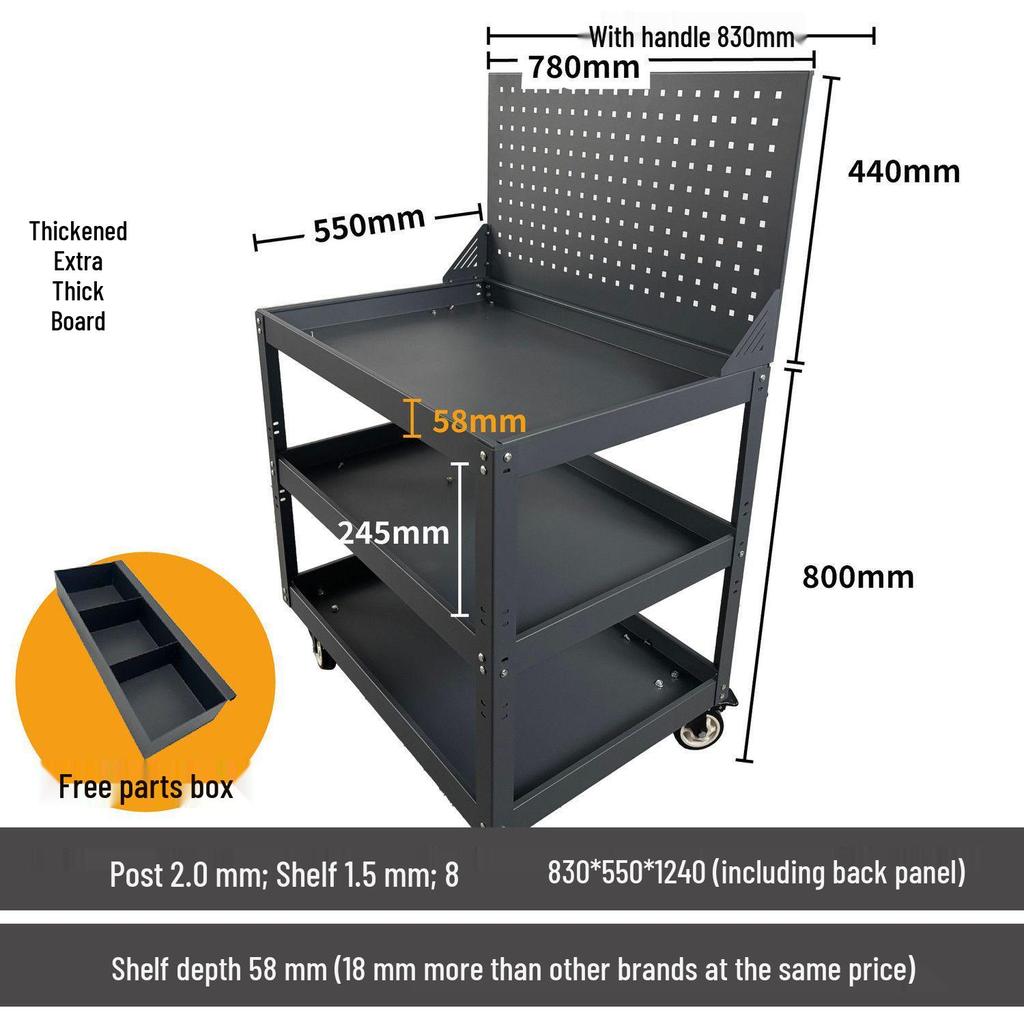 Three-Tier Hand Push Tool Cart for Auto Repair and Maintenance, Multi-functional Mobile Parts Storage Shelf