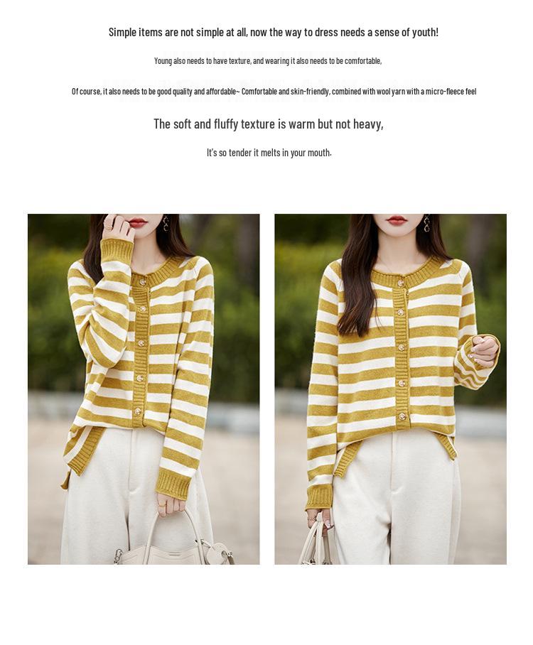 2024 Fall/Winter Pure Wool Color Block Striped Knit Cardigan - Women's Versatile Loose Fit