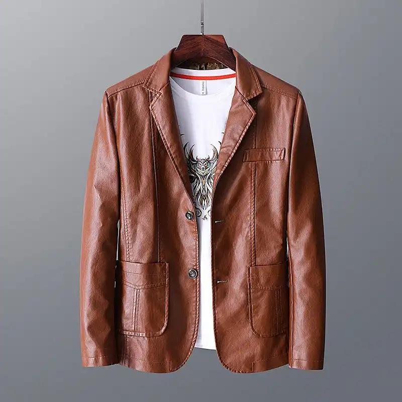 Leather Suit Men's Spring Autumn New Casual Middle-aged Slim Handsome Top PU Leather Jacket Suit