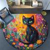 Black Cat in Flowers Round Area Rug,Carpet Rug for Living Room Bedroom Sofa Playroom Decor,Non-slip Floor Mat