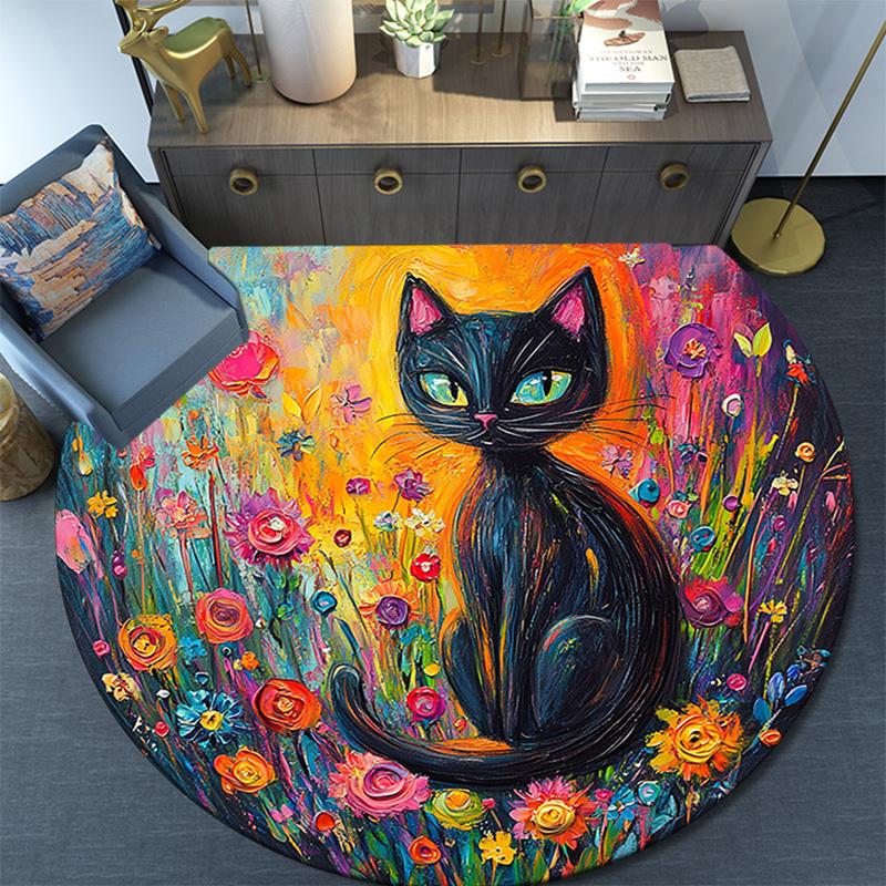 Black Cat in Flowers Round Area Rug,Carpet Rug for Living Room Bedroom Sofa Playroom Decor,Non-slip Floor Mat