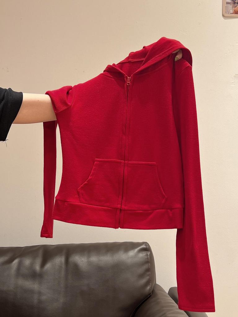 Women's High-End 2025 American Retro Red Hooded Zip-Up Sweatshirt with Long Sleeves for Autumn