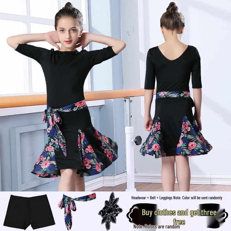 Girls' Short-Sleeve Latin Dance Skirt – Spring/Summer Competition and Practice Costume