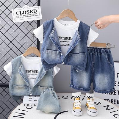 Summer Outfit Handsome Boys Short Sleeved Set Children's Denim Vest Casual T Shirt Set