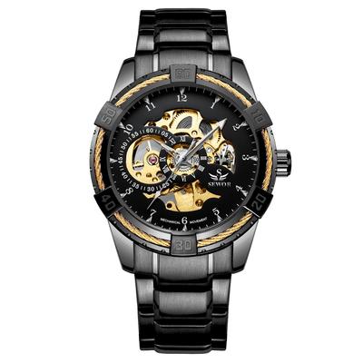 Mechanical Black Skeleton Mechanical Fashion Business Automatic Punk Style with Stainless Steel Band Men's Watch,