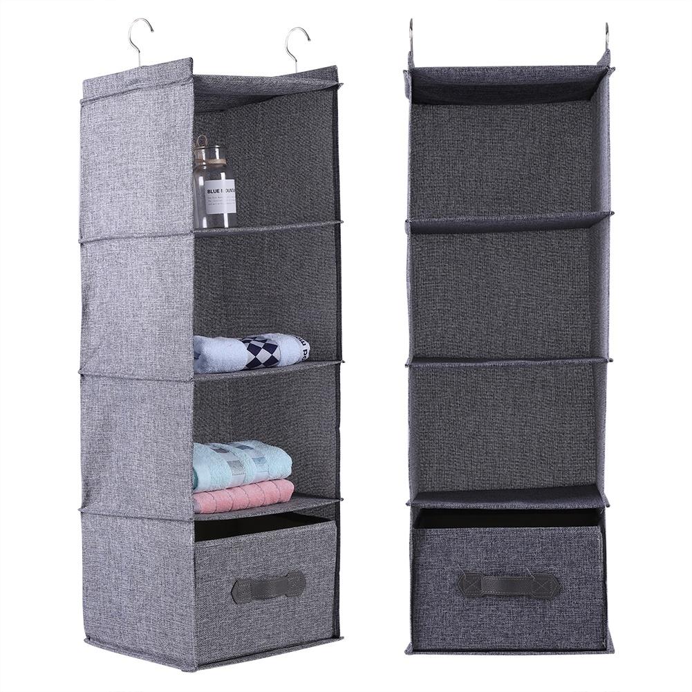 Hanging Closet Organizer Clothes Clothing Storage Holder 4 Shelves with Drawer (Gray)