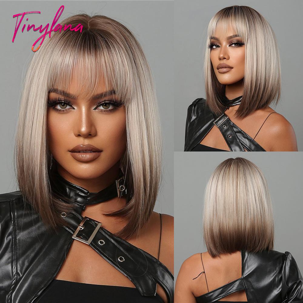 Bob Black Synthetic Wig with Bangs for Women Afro Short Dark Straight Wigs Cosplay Halloween Natural Hair Lolita Heat Resistant