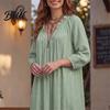Casual V Neck Dresses Bohemian Ruffle V-Neck Long Dress, 3/4 Sleeves Maxi Dress for Women, Solid Color Loose Spring Fall Soft