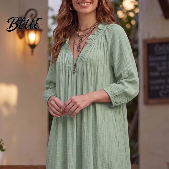 Casual V Neck Dresses Bohemian Ruffle V-Neck Long Dress, 3/4 Sleeves Maxi Dress for Women, Solid Color Loose Spring Fall Soft