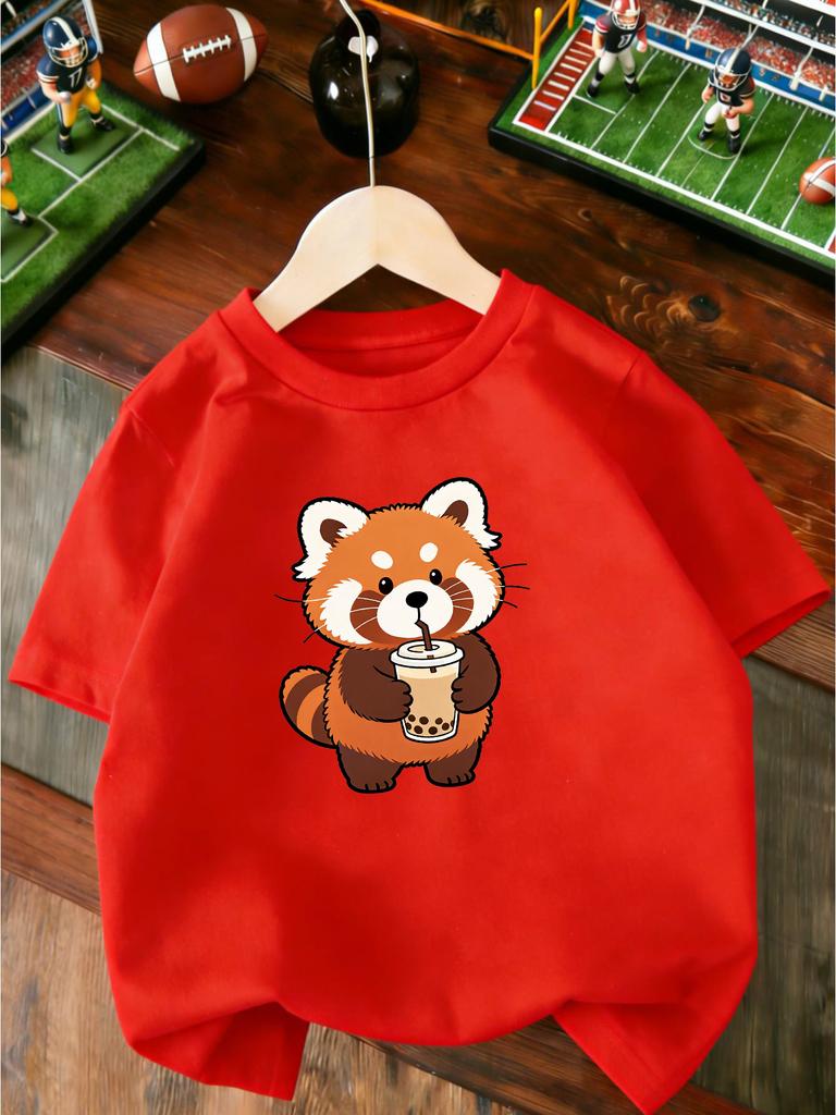 Cute Red Panda Bubble Tea Lovely Cartoon Animal Graphic Print T Shirt Family Matching Boys Girls Kids Casual Short Sleeve Tops