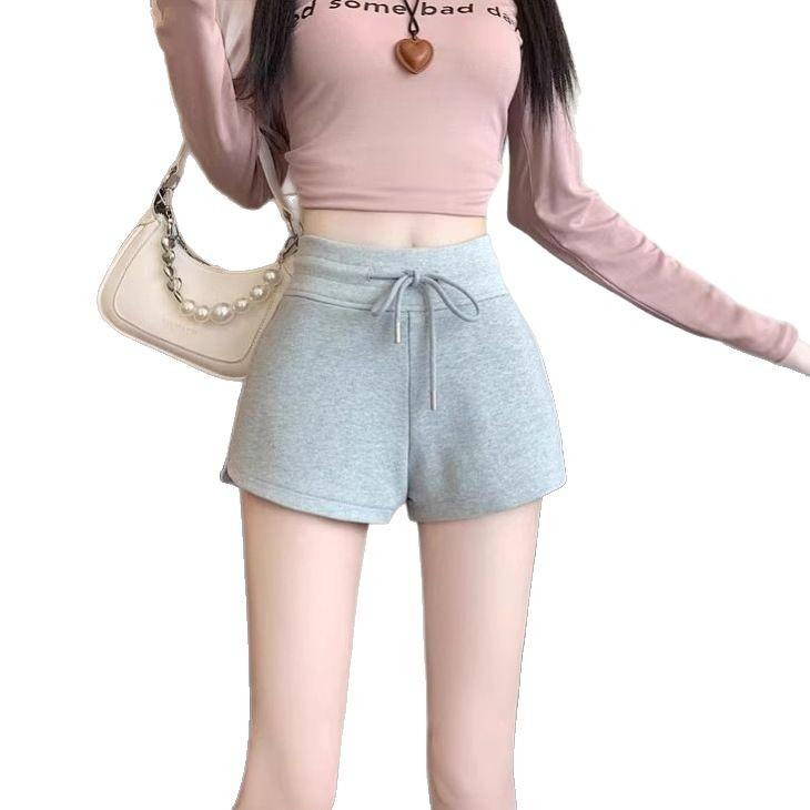 Grey Cotton Sports Casual Shorts for Women Summer A-line High Waist Loose Wide Leg Beach Hot Pants Ins Trend