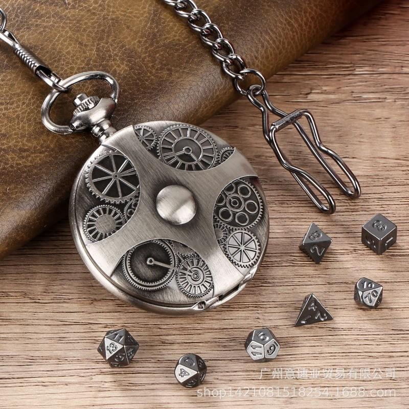 DND Dice Bronze Gear Pocket Watch Case Thick Waist Chain Bronze Dice Board Game