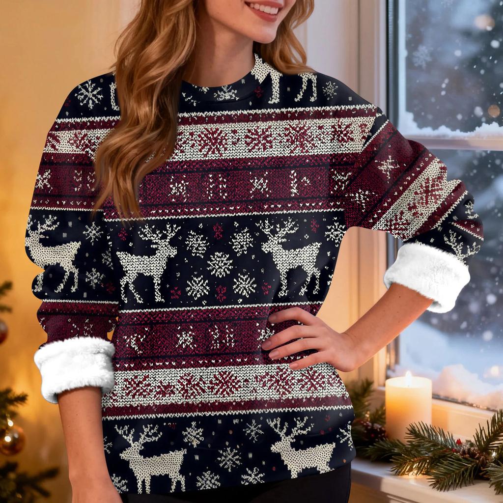 Women's Fashion Casual Long Sleeve Christmas Printed Round Neck Top Sweatshirt