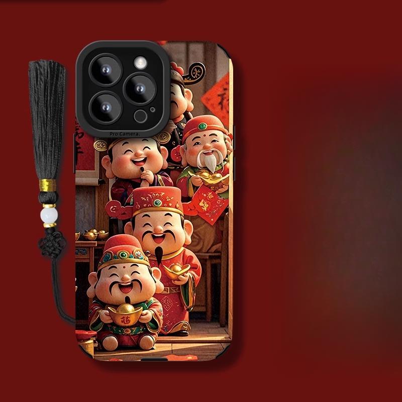 Five-way God of Wealth Bracket Uses Apple 16pro New Year Mobile Phone Case 15 Fur 14 National Trend 13/12 Anti-fall