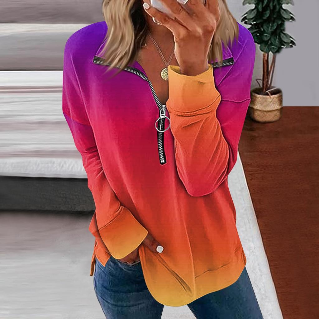 Haut à capuche à fermeture éclair imprimé dégradé à manches longues pour femmes