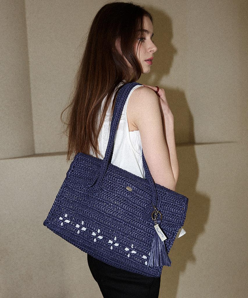 Slowslowly Lily Handmade Crochet Raffia Hermetic Shoulder Bag (+Gift Tassel Keyring Included) _ Navy