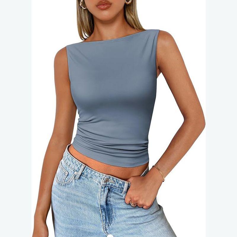 Solid Color round Neck Sleeveless Top Solid Crew Neck Slim fit Sleeveless Top Women