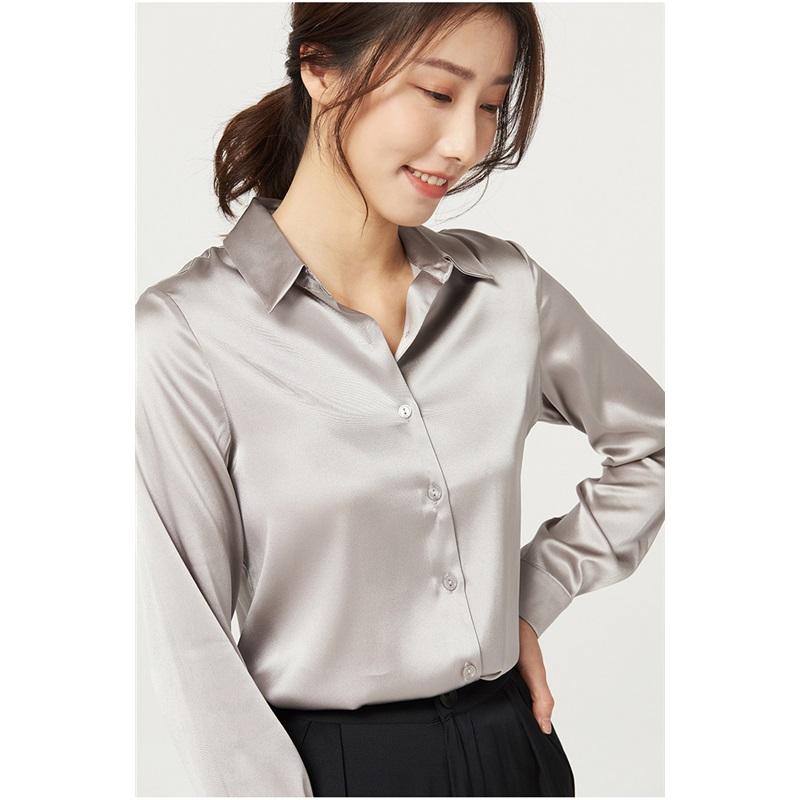 

Рубашка из плотного шелка и атласа Mulberry, женская рубашка с длинными рукавами, блузка для поездок на работу, однотонная профессиональная одежда XXL серый