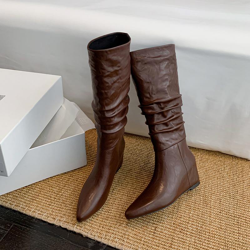 

Светло-кремовые замшевые ботильоны на танкетке с острым носком, высокие сапоги, женская обувь 2025, новые весенне-осенне-зимние высокие тонкие сапоги-рыцари 4041 Customized non-refundable. темно-коричневого