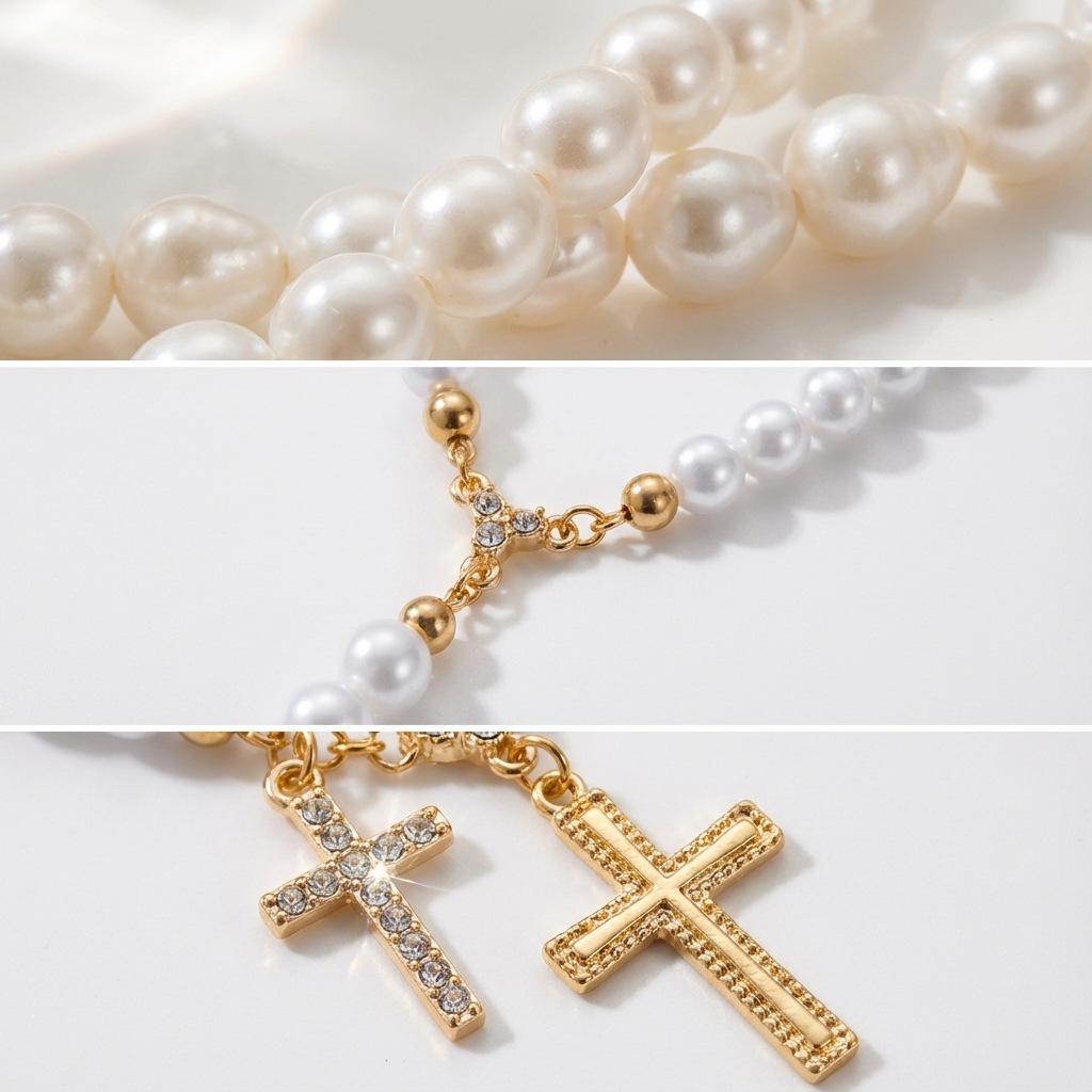 Sicilian Style Double-Layer Colorful Faux Pearl Cross Necklace